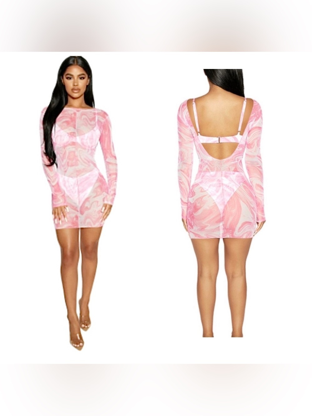 NWT Naked Wardrobe Pink Marble Sheer Mesh Swim Cover-Up Dress, Small XS